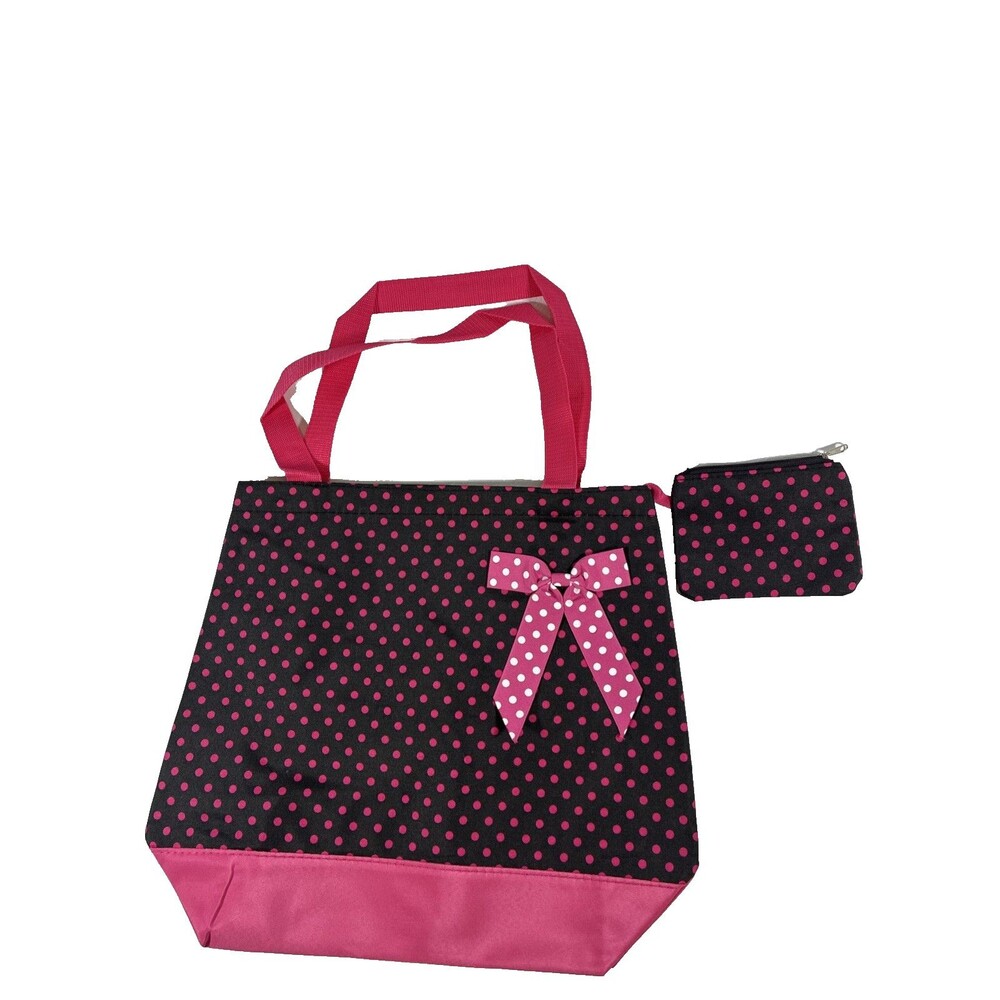 Black Pink Polka Dot Tote Bag Purse Bow Attached Wallet Shoulder Bag 13x14